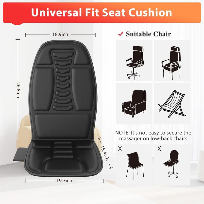 Back Massager with Heat, Massage Chair Pad with 5 Modes & 2 Heat Levels for Back & Thighs, Back Massage Pad for Office & Home Chairs, Matte Black