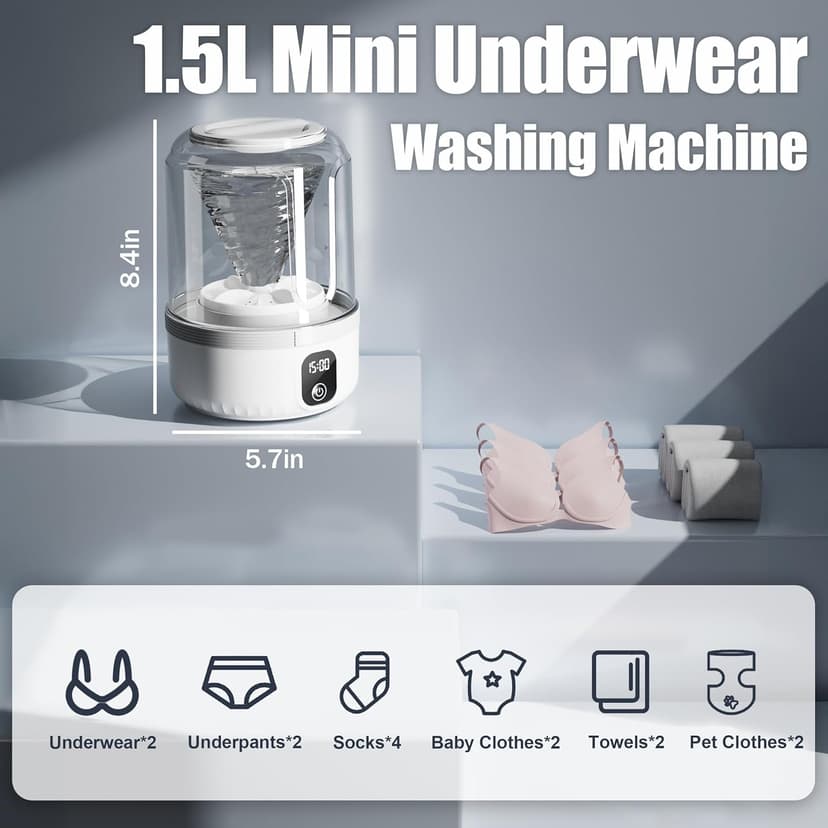 Underwear Washing Machine, Upgrade 1.5L Mini Portable Washing Machine Rechargeable Underwear Washer Deep Cleans Small Clothes for Apartment, Dorm, RV, Travel & Hotel Use