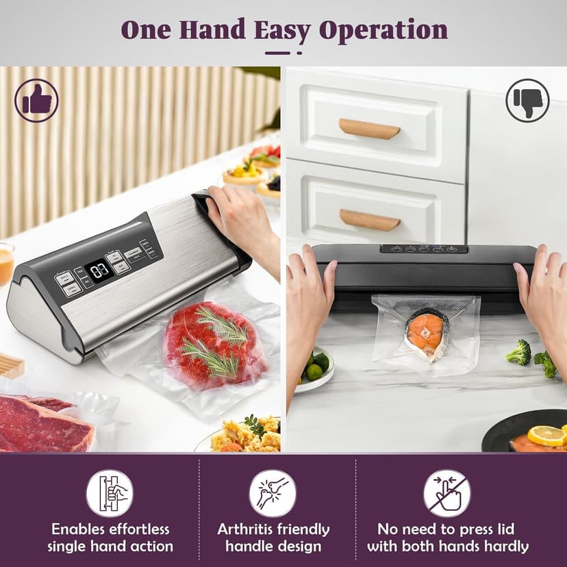 Mesliese Vacuum Sealer Machine, Powerful 95kPa 140W One Hand Operation Food Sealer, Double Seal Strip with Build-in Cutter & Countdown Display