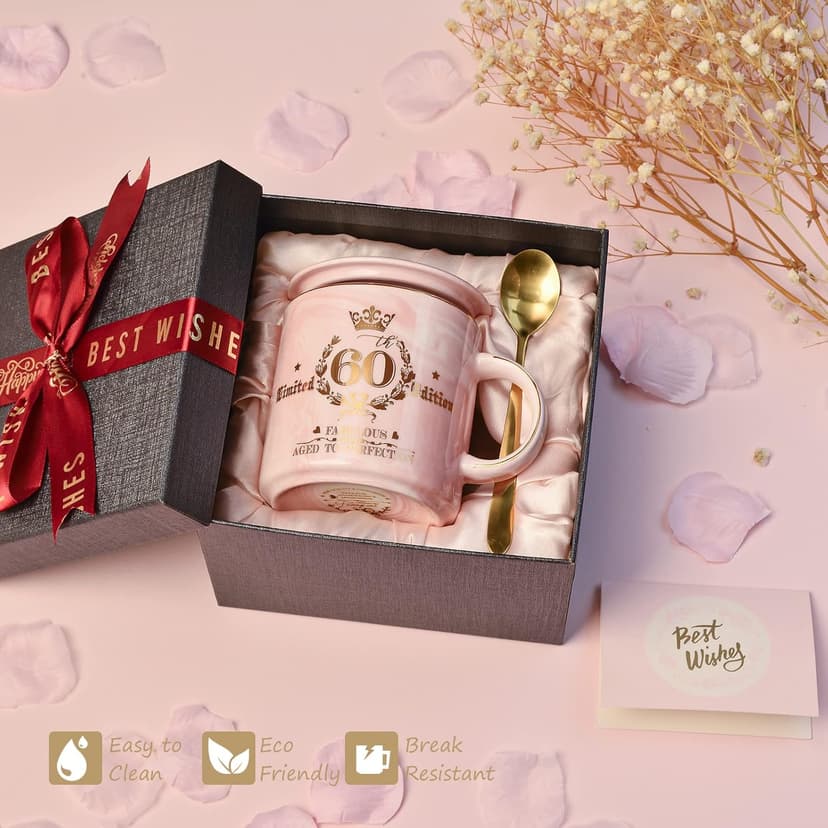60th Birthday Gifts for Women - Fabulous 1965 Aged to Perfection Happy Birthday Mug - Limited Edition 60th Pink Coffee Mug Printed with Gold, Gift Idea for Turning 60 Years Old Women, Gift Boxed