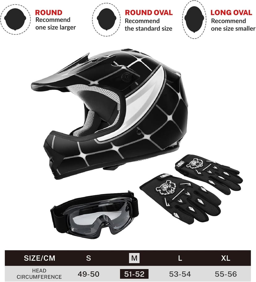 SLMOTO DOT Youth & Kids Motocross Offroad Street Helmet Black Spider Motorcycle Youth Helmet Dirt Bike Motocross ATV Helmet+Goggles+Gloves Medium