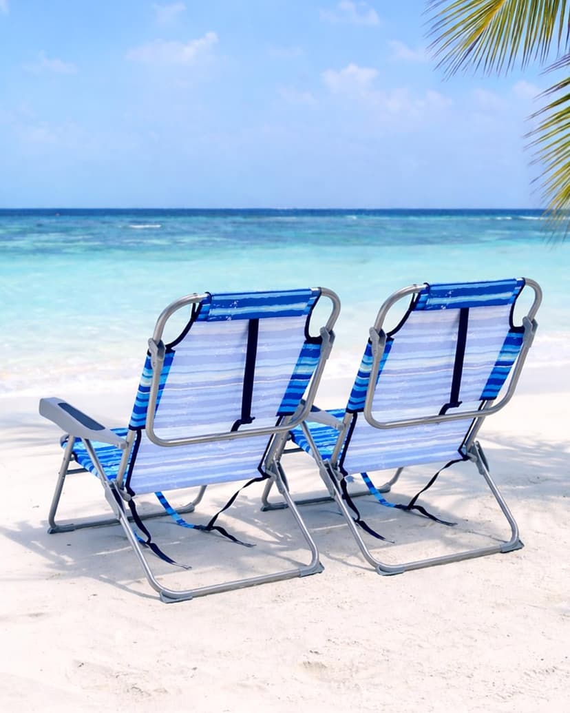 GVDV Backpack Beach Chairs for Adults 2 Pack, Portable Lay Flat Folding Chair with Cup Holder and Towel Bars, 4-Position Adjustable Reclining Chair for Beach, Camp, Outdoor, Blue Ocean