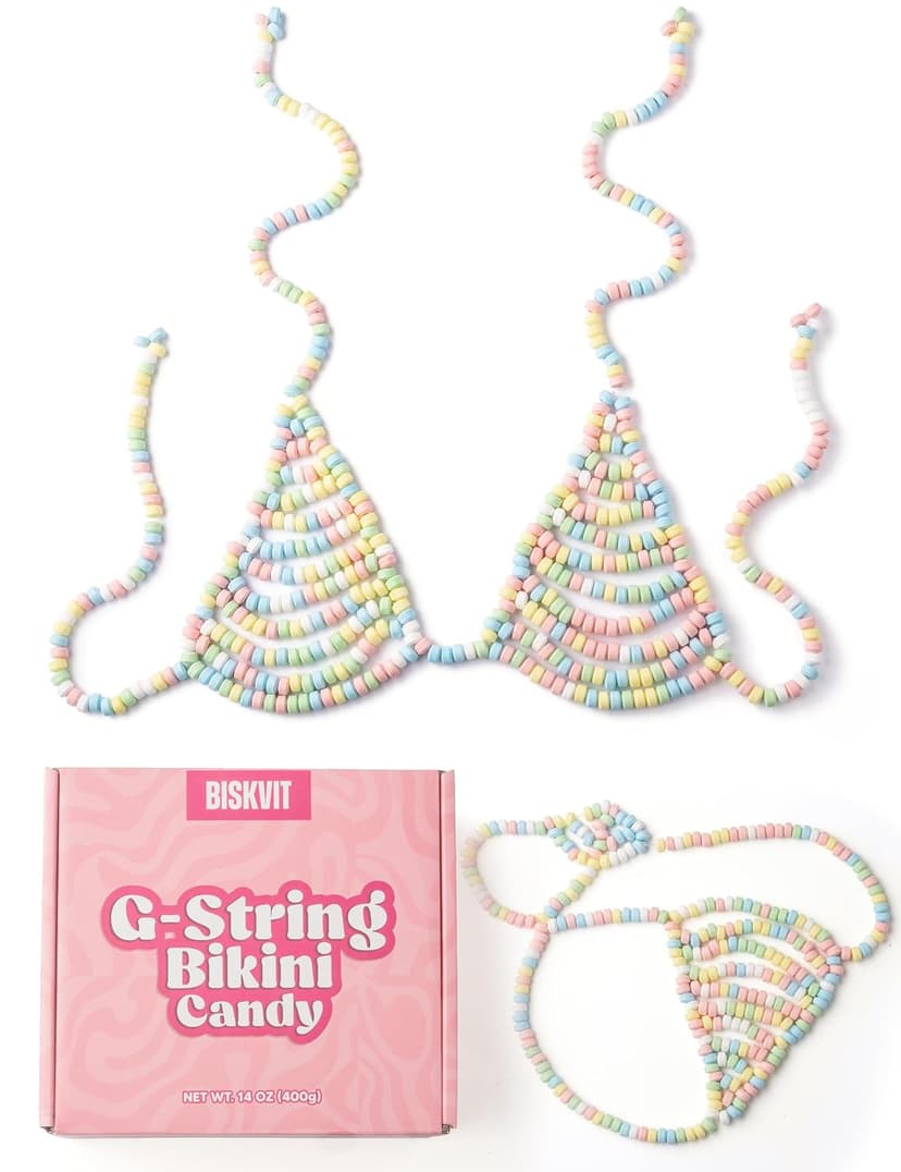 BISKVIT Candy Bikini Bra and G String Set for Women, 2 Piece Set. Favorite Bachelorette Gift for Bride, Bridal Shower Gag Gifts, Funny Outfit for Halloween and Costume Parties B0F348B917