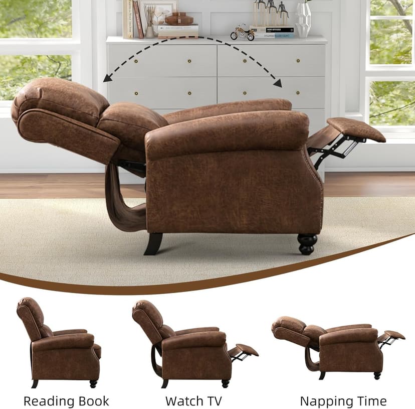 IOMOR Push Back Recliner Chair Faux Leather Lounge Armchair with Rivet Decoration Wingback Single Sofa Chair with Padded Seat Solid Wood Legs for Living Room, Chocolate