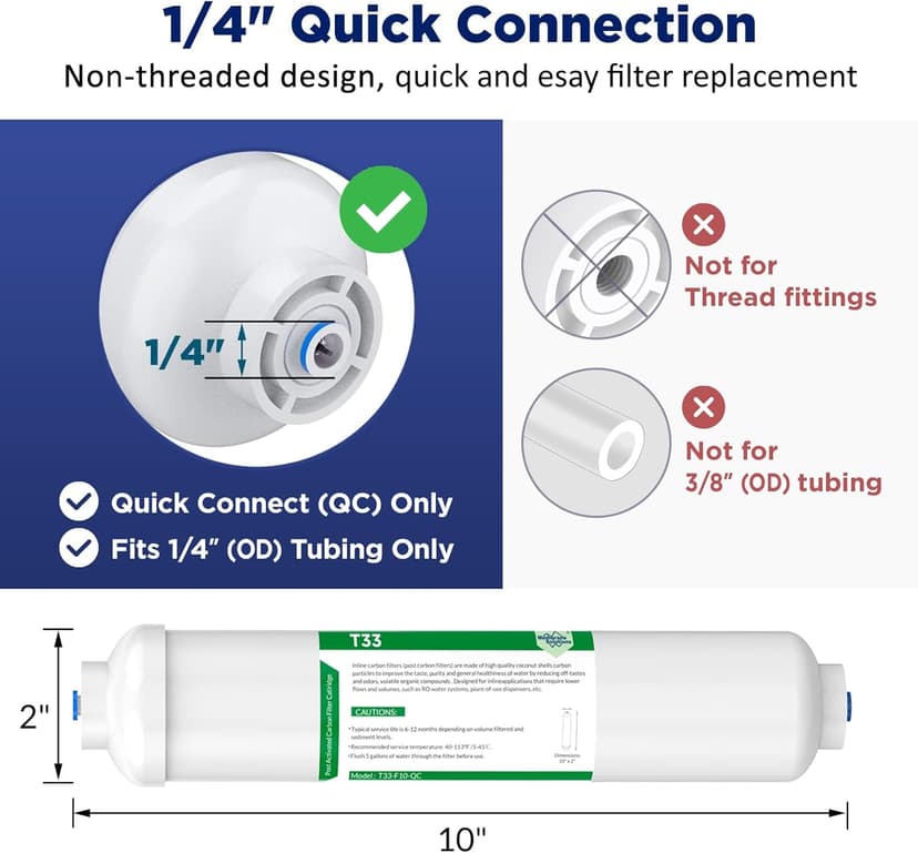Membrane Solutions T33 Inline Water Filter, 2-Pack 1/4" Quick-Connect Replacement Cartridges for Refrigerator & Ice Maker, Post-Carbon Filter for Reverse Osmosis Systems, Push-to-Connect
