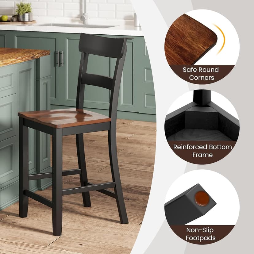 COSTWAY Counter Height Bar Stools Set of 4, 24'' Mid Century Modern Island Chairs with Rubber Wood Legs and High Backrest, Wooden Barstools for Home Kitchen, Dining Room, Bar, Restaurant (Black)