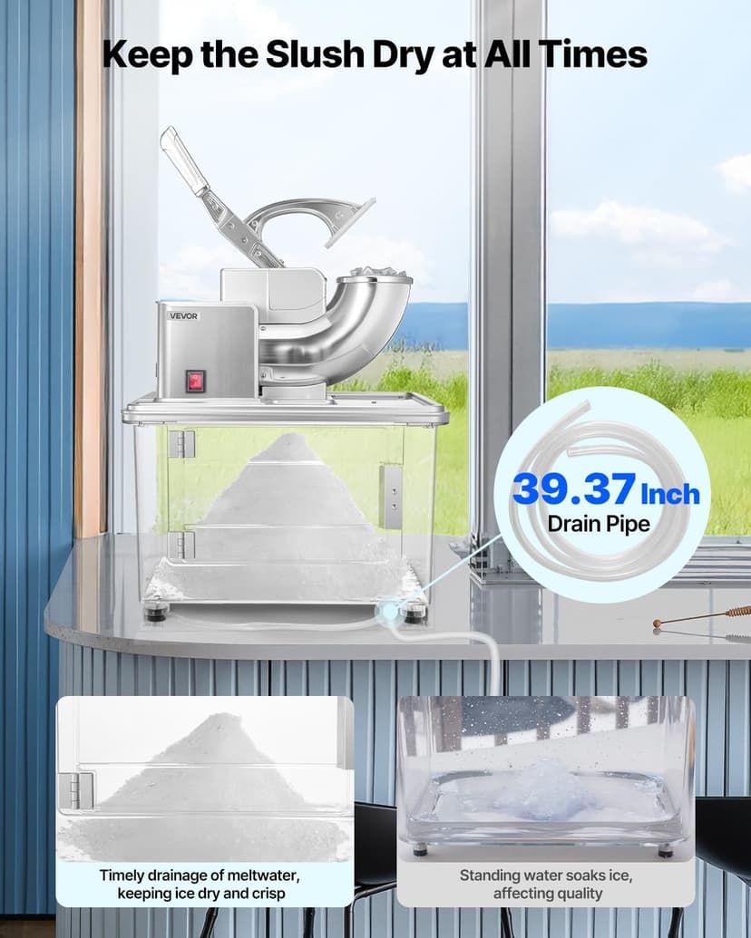 VEVOR Commercial Ice Crusher 661LBS/H, 350W Electric Snow Cone Machine with 4 Blades, 2000RPM Stainless Steel Shaved Ice Machine with 11 Gal Crushed-Ice Box, for Family Restaurants Bars, Silver