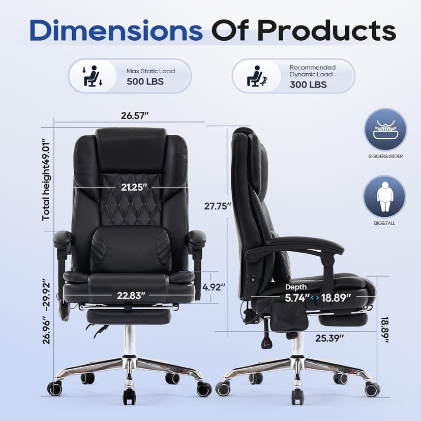 500LBS Massage Office Chair with Foot Rest, 3D Kneading Massage Home Office Desk Chairs, 22.83” Wide Big and Tall Office Chair for Heavy People, Ergonomic Reclining Gaming Chairs, Black
