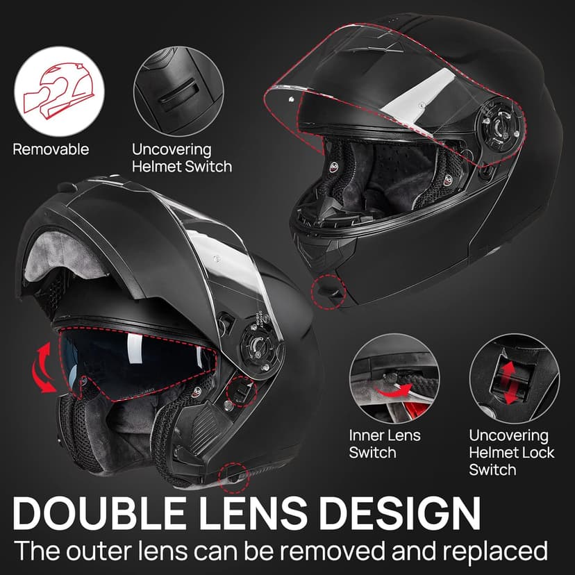 ILM Adult Motorcycle Modular Full Face Helmet Flip up Dual Visor DOT Approved Model 159(Matte Black,Large)