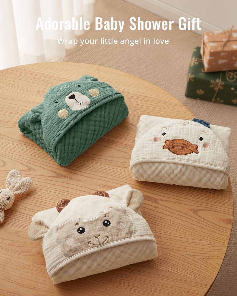 Blissful Diary Muslin Baby Hooded Towel 2 Pack, Soft & Absorbent Bath Towel for Infant, Toddler, Unisex, Baby Gift, Newborn Essentials, Bear & Lamb B0FQ9ZT37D