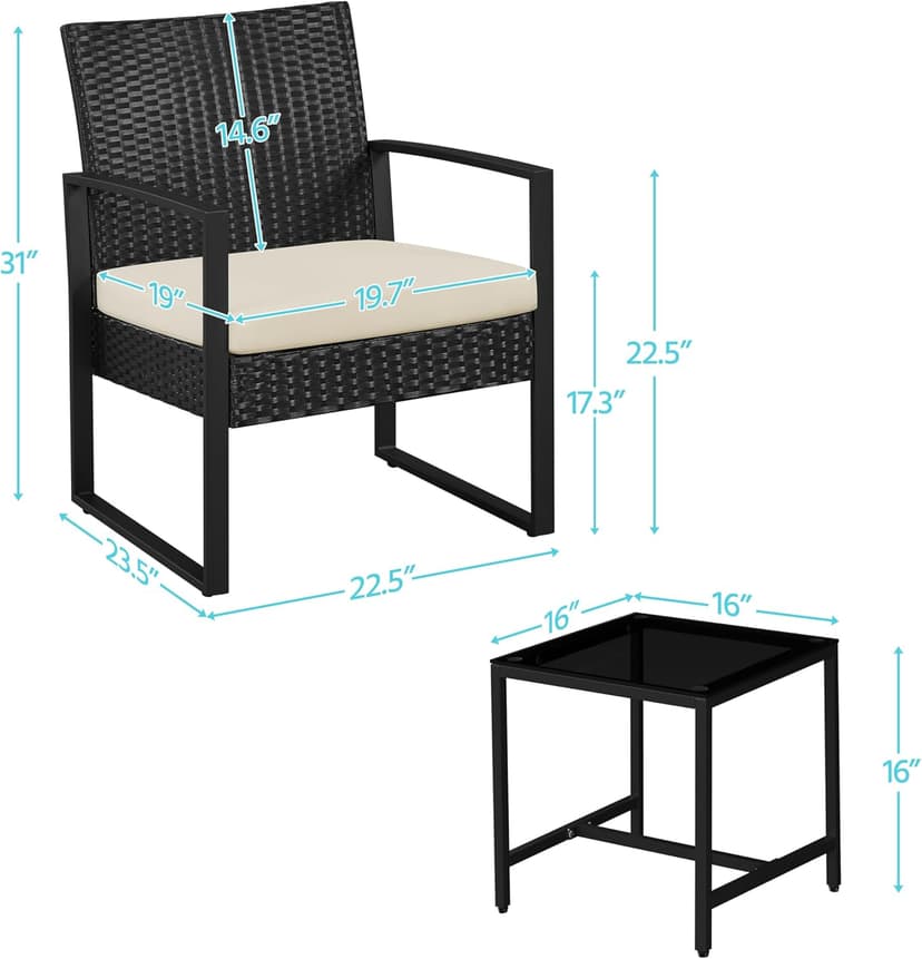Yaheetech 3 Pieces Rattan Bistro Set, Outdoor Wicker Patio Modern Conversation Furniture, 2 Chairs & Tempered Glass Coffee Table for Garden, Balcony, Backyard, Poolside, Black/Beige