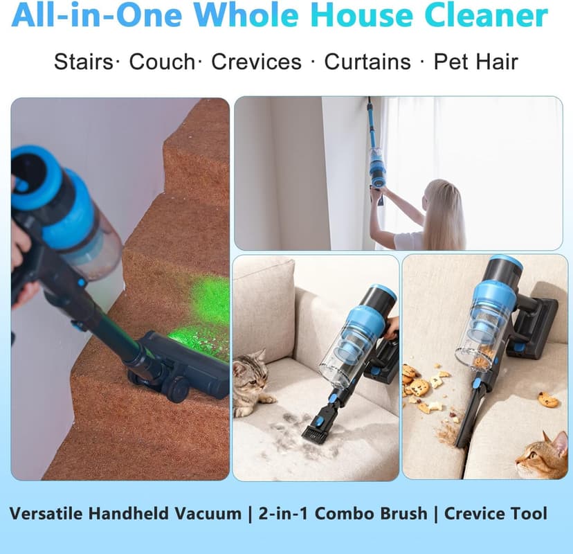 Cordless Vacuum Cleaner, 45kPa 60Min Vacuum Cleaners For Home, Powerful Stick Vacuum Rechargeable With Green Light, Anti tangle Wall Mount, 8 in 1 Lightweight Vacuum For Hardwood Floor Pet Hair Carpet