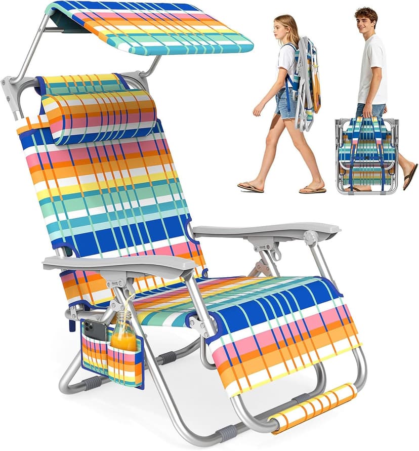 Suteck Zero Gravity Beach Chair with Canopy, Backpack Beach Chairs for Adults, Lightweight Adjustable Reclining Beach Chair with Shade, Folding Lay Flat Chair for Beach Poolside Outdoor