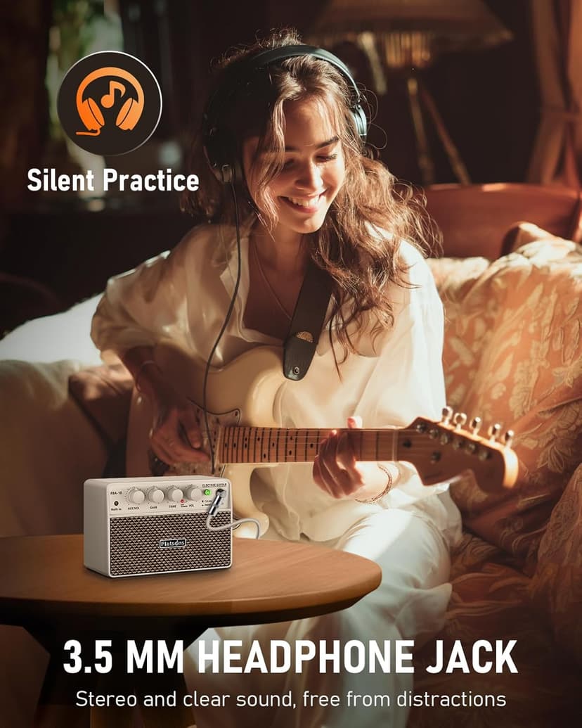 Flatsons FBA-10 Guitar Amp, 10W Mini Electric Guitar Amplifier with Clean/Drive Channel, 6H Work, USB-C Rechargeable, 3.5mm Headphone/AUX, Wireless Portable Amp for Indoor Practice, Travel (White)