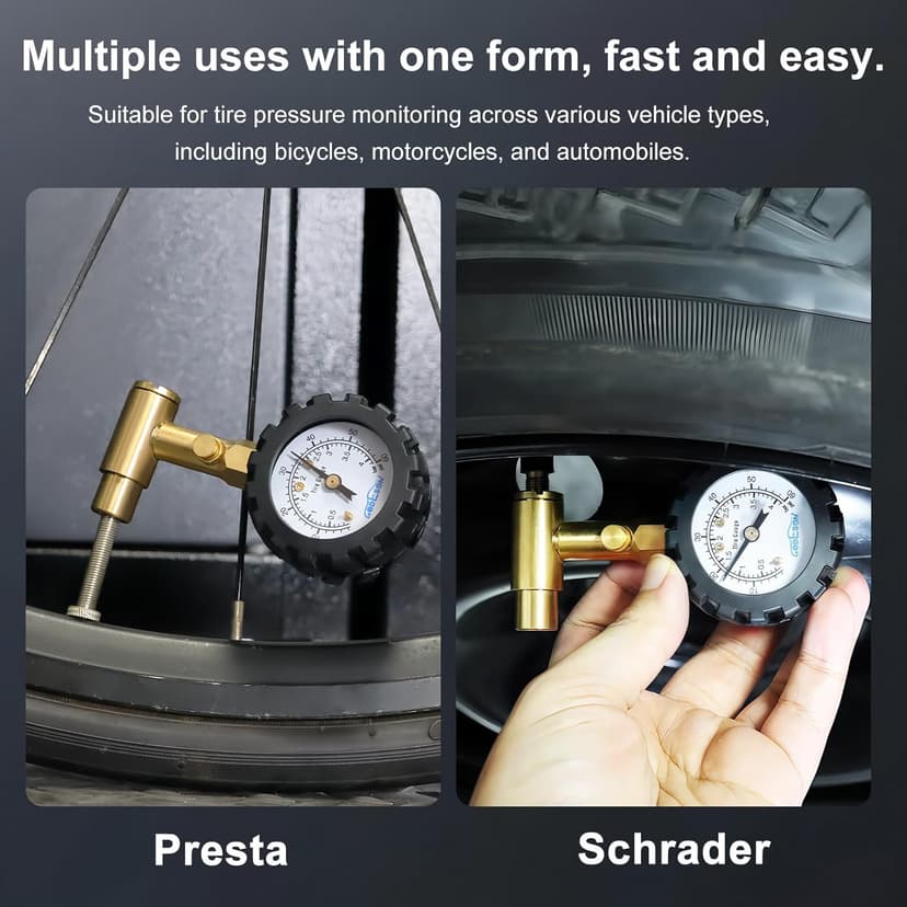 GODESON Bike Tire Pressure Gauge - Dual Head for Schrader & Presta Valves,0-60 PSI / 4 BAR Range, 1.5-Inch Dial with Gear Protection Sleeve - Suitable for MTB, Road, E-Bikes and Motobike