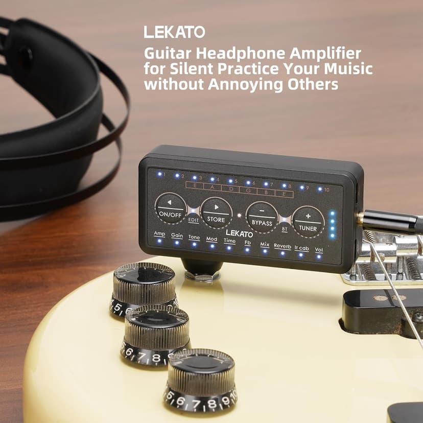 LEKATO Micro Guitar Headphone Amp Bass Guitar Headphone Amplifier with Multi Effects - Amp Models, IR Loading, Tuner, Rechargeable Electric Headphone Amplifier Delay Reverb Chorus Overdrive Portable