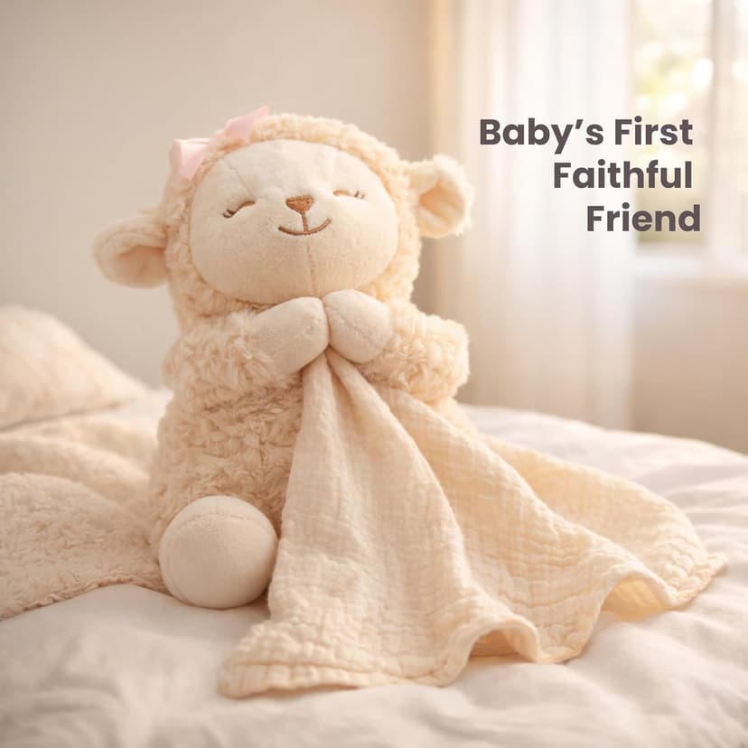 Ready-to-Gift Box: 10" Praying Lamb Plush with Pink Bow, Bamboo Muslin Blanket, First Prayer Book & Card. Baptism Gifts for Girl - Christening & Dedication 5-Piece Keepsake Set B0GHZRX7RP