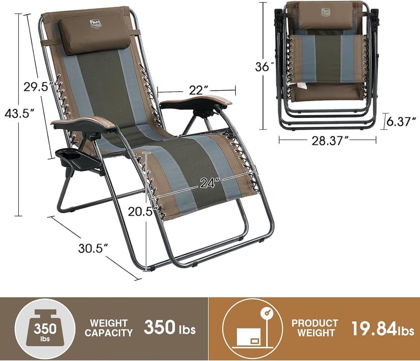 Timber Ridge Oversized Zero Gravity Chair, Padded Reclining Lounge Chair with Adjustable Headrest & Cup Holder, Heavy Duty Support 350 lbs, Foldable for Camping, Lawn, Outdoor & Indoor