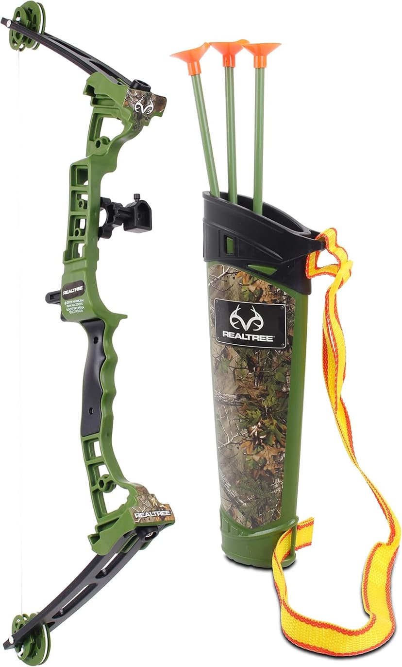 NKOK Realtree Jr. Compound Bow Set; PVC Tipped Suction Cup Arrows Can Be Propelled Up to 40 Feet; 3 Arrows and Target; Red LED Scope; Age 6+