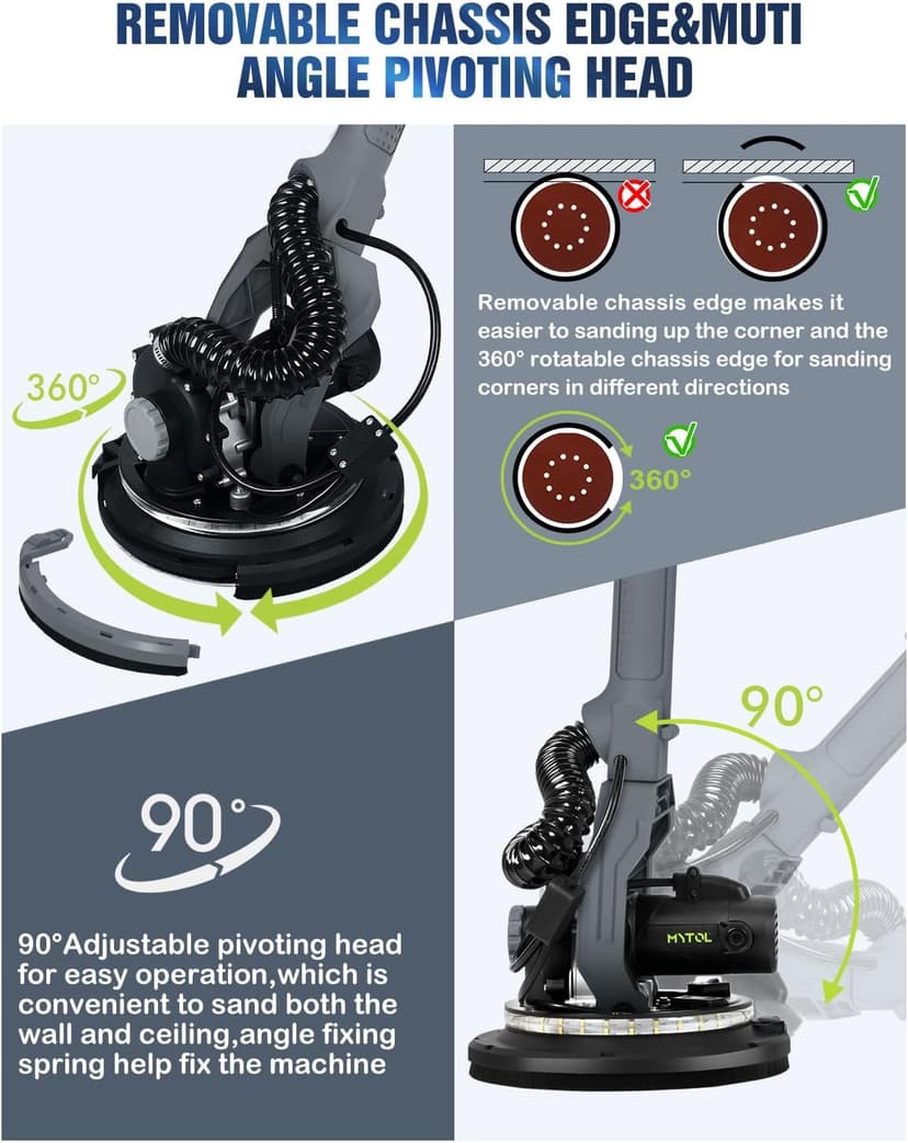 MYTOL Drywall Sander, 7.2A Electric Drywall Sander with Vacuum Dust Collection, LED Light, 6 Variable Speed Digital Display 900-1800RPM, Foldable & Extendable Handle (GREY)