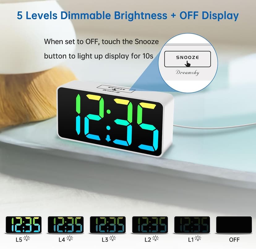 DreamSky Super Loud Alarm Clock for Heavy Sleepers - RGB Small Digital Clock for Kids Bedroom Bedside Nightstand, Electric Desk Clock with Large Number, Dimmer, Adjustable Volume, USB-C Powered