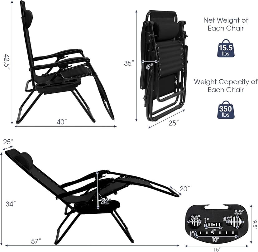 Goplus Zero Gravity Lounge Chairs, 160°Adjustable Folding Recliner w/Pillow and Cup Holder, 350LBS Comfy Outdoor Lounge Chairs for Patio, Lawn, Yard & Camp(1, Black)