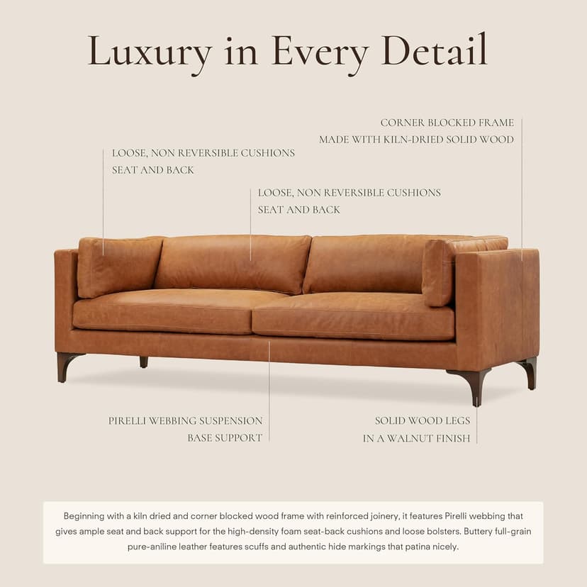 POLY & BARK Argan 93” Leather Sofa – Full-Grain Italian Aniline Leather, Feather-Down Comfort, Solid Wood Frame – Cognac Tan