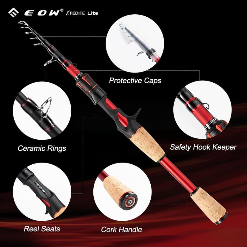 EOW XPEDITE LITE Portable Telescopic Fishing Rods & Combo, Spinning & Casting Fishing Poles, 24T Carbon Rod Blanks, Solid Carbon Tip, Split Cork Grips, Travel Rod, Combos with 5+1BB Spinning Reel