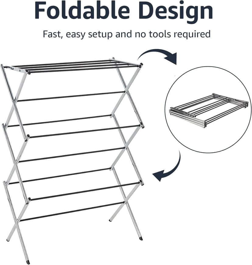 Amazon Basics Foldable Portable Laundry Drying Rack for Indoor Air Drying Clothing, 14.5 x 29.5 x 41.8 inches (LxWxH), Chrome Silver
