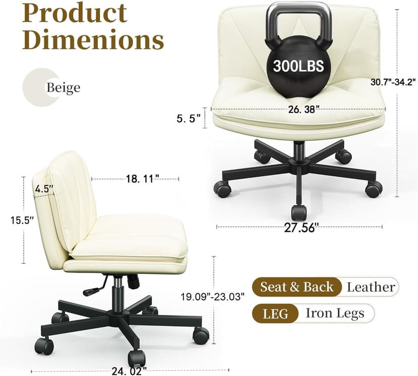 DurayLoly Criss Cross Chair with Wheels, Cross Legged Office Chair, Armless Wide Vanity Desk Chair with 2 Layer Scratch-Resistant Pu Leather Swivel for Home Office Bedroom,Beige