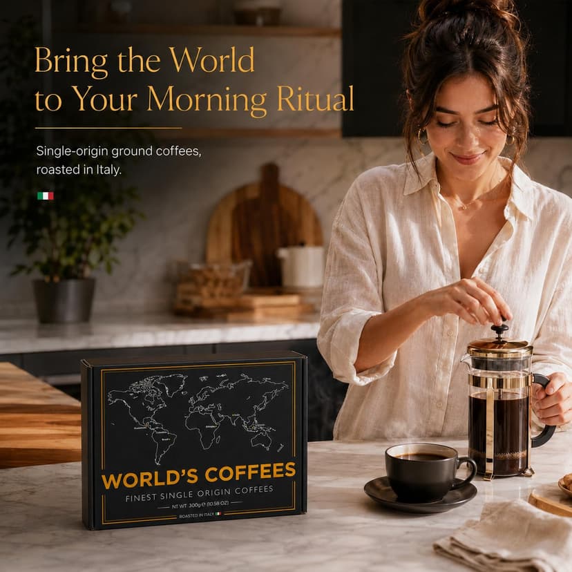 UNIQBITE World Coffees Gift Set, Six Single Origin Ground Coffee Variety Pack, Coffee Sampler from Around the World, Light, Medium & Dark Roasts, Roasted in Italy, 10.58 oz (300g) B0H3XNK2G3