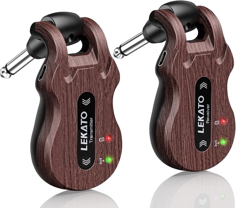 LEKATO Wireless Guitar System 5.8 Wireless Guitar Transmitter Receiver Rechargeable Audio Wireless Transmitter Receiver 4 Channels Transmission Range for Electric Guitar Bass (Grain)