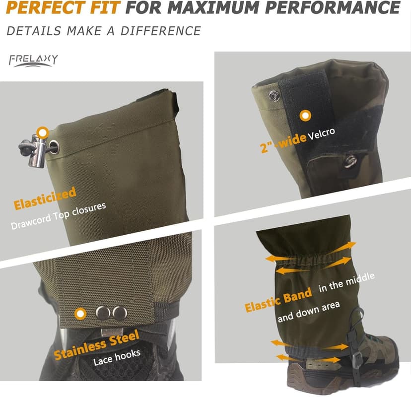 Frelaxy Leg Gaiters Ultra HIGH-Performance Hunting Gaiters, 100% Waterproof Hiking Gaiters with Upgraded Rubber Foot Strap, Adjustable Snow Boot Gaiters