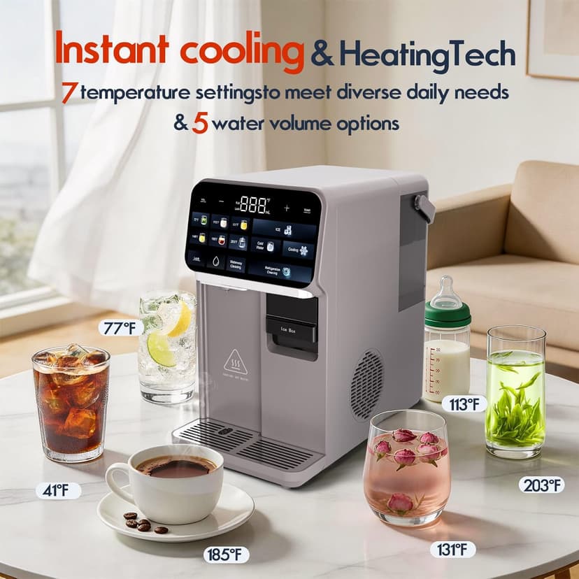 Ice Maker Water Filter Dispenser, 3 in1 Countertop Instant Hot & Cold Water, Ice Water Dispenser with ice Box, 7 Temperature & 5 Dispensing Volume Options Portable No Installation.