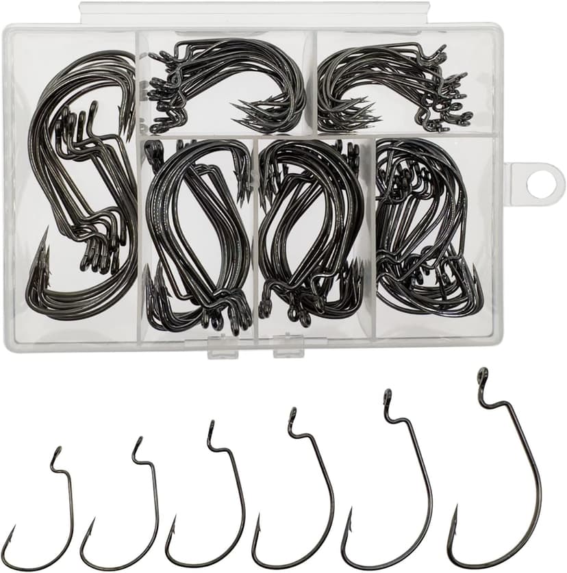 Afmivs Worm Hooks for Bass Fishing Hooks, 110pcs Bass Hooks Fishing, 6 Sizes Fishing Hooks Freshwater, Eagle Claw Hooks #1 1/0 2/0 3/0 4/0 5/0 Black High Carbon Steel with Portable Plastic Box