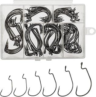 Afmivs Worm Hooks for Bass Fishing Hooks, 110pcs Bass Hooks Fishing, 6 Sizes Fishing Hooks Freshwater, Eagle Claw Hooks #1 1/0 2/0 3/0 4/0 5/0 Black High Carbon Steel with Portable Plastic Box