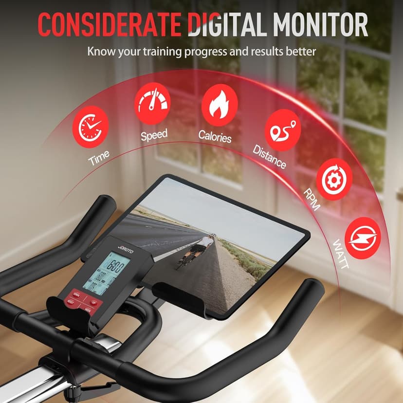 JOROTO Exercise Bike, Magnetic Stationary Bikes for Home with 40LBS Flywheel, App Supported Indoor Bike with 350LBS Weight Capacity, Low Noise,Digital Monitor,Bottle and Tablet Holder