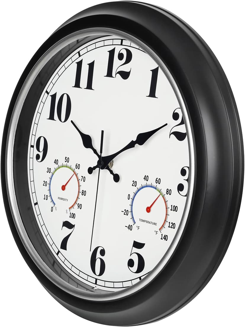 45MinST 13-Inch Vintage Outdoor Wall Clock with Thermometer and Hygrometer, Waterproof, Large Numbers, Silent, for Indoor and Outside Use,Porch,Garden,Pool(Black Frame with Silver Trim)