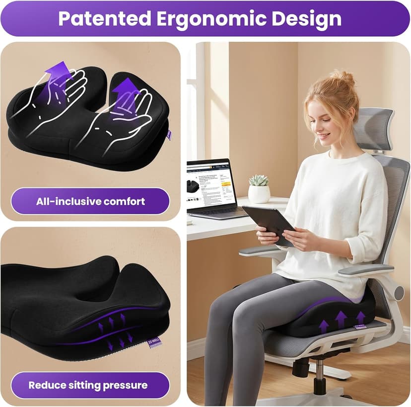 ZZ-WELL Seat Cushions for Office Chairs - Patented Coccyx Cushion for Tailbone Pain - 21.2" W x 16.5" L Memory Foam Extra Large Seat Cushion, Removable & Machine Washable Cover (Black)