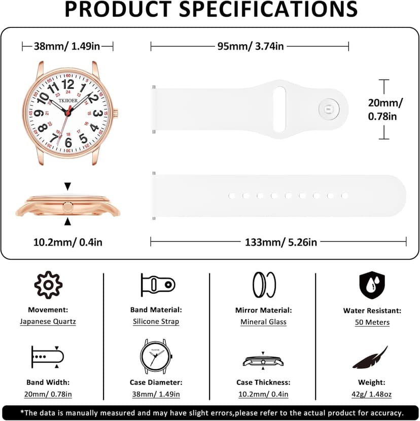 TKIIOER Nurse Watch for Nurse Medical Professionals Students Women Men, 50M Waterproof 12/24 Hour Military Time Luminous Easy Read Dial, Second Hand Watch for Nursing