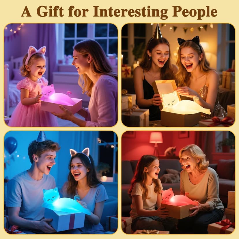 Lying Cat Lamp Funny Gifts, 16 Colors+5 Dimming+Silicone Random Stuff, Touch+Remote+Recharge Night Light, Unique Cool Lamp,Cute Weird Stuff, Squishy Cat White Elephant Gifts for Women/Men/Teens/Kids B0CH9K8NST