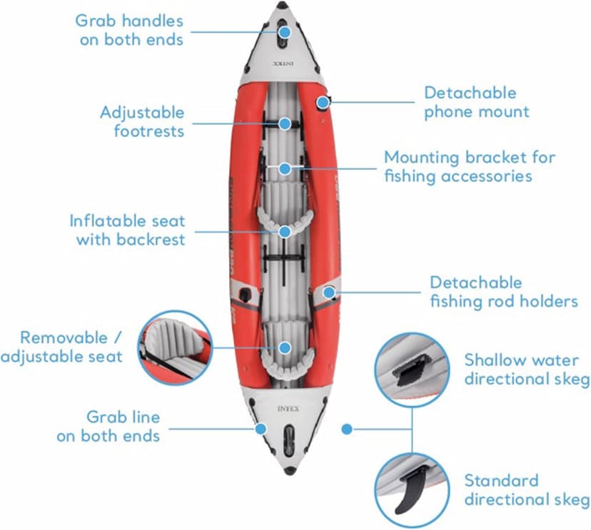 Intex 68309EP Excursion Pro K2 Inflatable Kayak Set: Includes Deluxe 86in Kayak Paddles and High-Output Pump – SuperTough PVC – Adjustable Bucket Seat – 2-Person – 400lb Weight Capacity