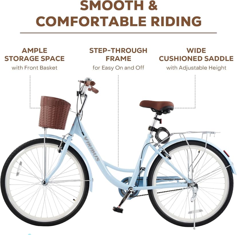 VIRIBUS Beach Cruiser Bike for Women, Single Speed Womens Bike with Basket & Rack 24 26 inch, Retro Step Through Cruiser Bicycle for Petite Short Women Female Ladies City Commuter, 330 lb.