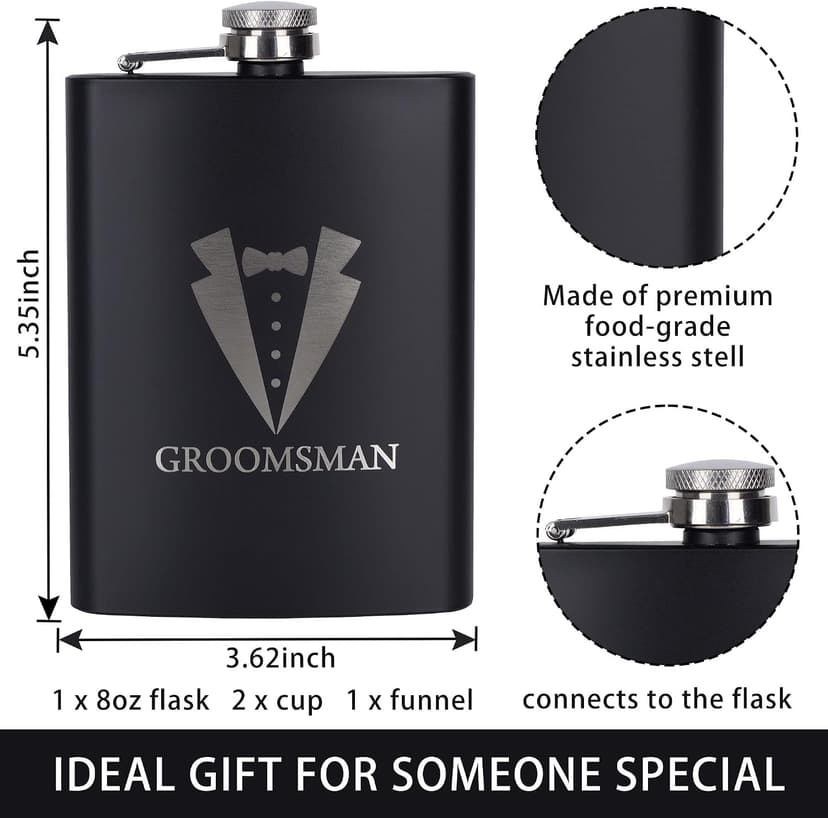 6 Pieces Groomsmen Gifts Set : 1 Pcs 8oz Stainless Steel Tuxedo Flask 1 Pcs Poker Bottle Cap Opener 1 Pcs Groomsmen Gauge Glasses 1 Pcs Sunglasses 1 Pcs Card 1 Pcs Groomsmen Gift Bags for Wedding B0C2Y9C42C