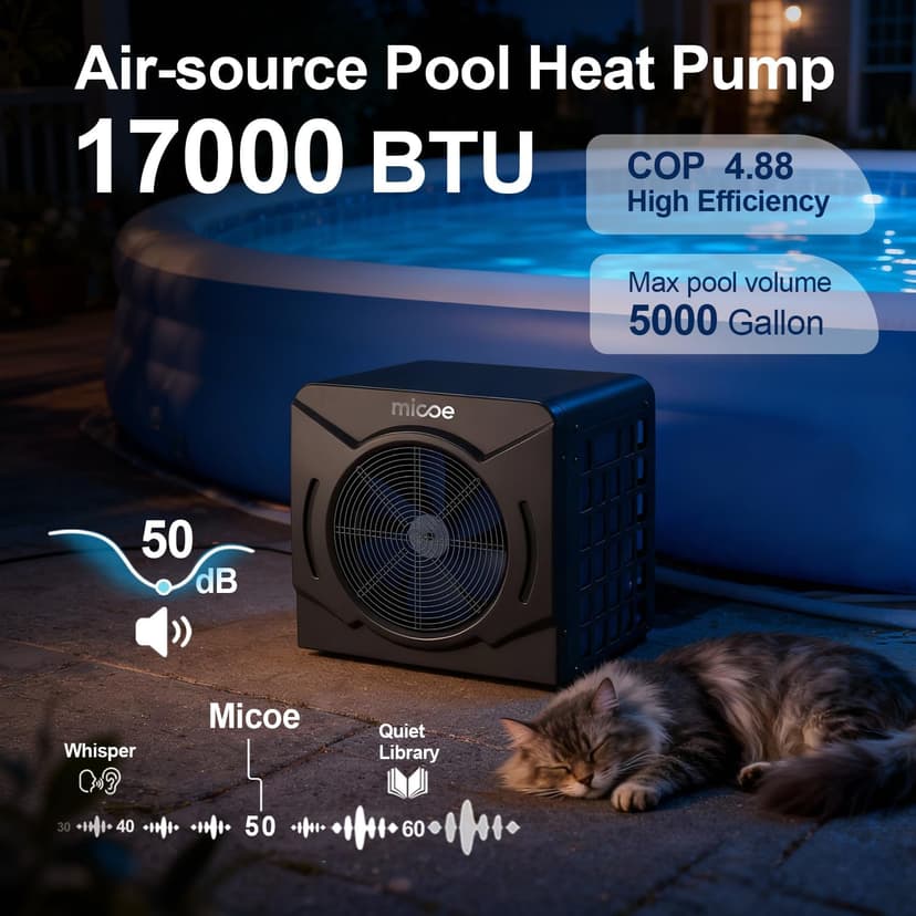 MICOE 17,000 BTU Energy-Efficient Electric Pool Heater for Above Ground Pools up to 5,000 Gallons, Ultra-Quiet 50 dB, 110–120V, Easy Install Kit Included
