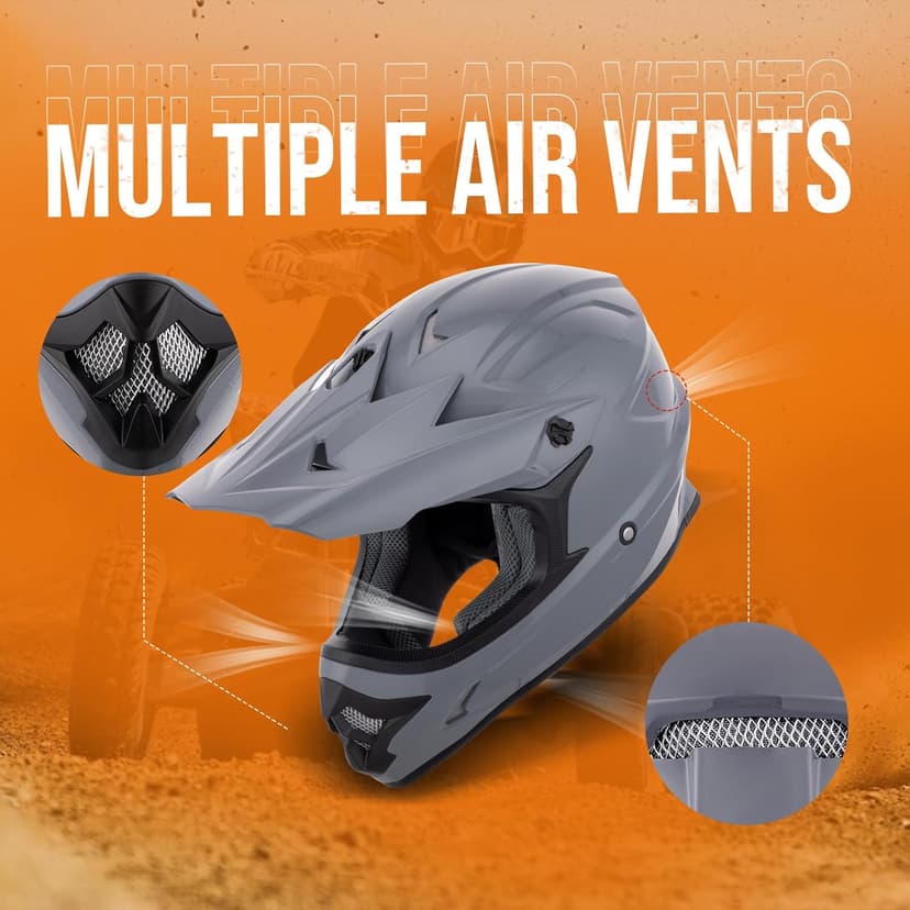 OUMURS Adult ATV Dirt Bike Helmet with Goggles Gloves & Mask Adjustable Sun Visor Motorcycle Adult Helmet Off-Road Motocross Downhill Moped MX for Unisex-Adult-Gray, L