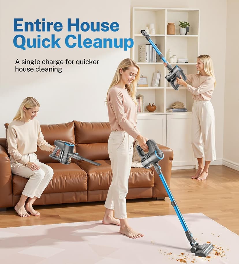 DEVOAC N300 Cordless Vacuum Cleaner, 6 in 1 Lightweight Stick Vacuum, 2200mAh Battery Up to 40mins Runtime, Powerful Handheld Vacuum for Hard Floor Rug Pet Hair Home Dorm (Blue)