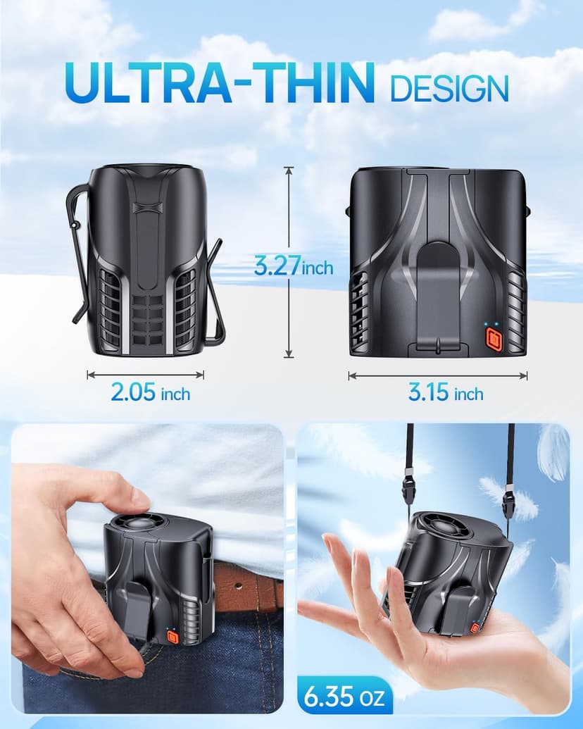 Portable Personal Waist Fan& Neck Fan, 14000RPM Brushless Motor, 40H Runtime Rechargeable, 6-Speed Quiet Operation, Clip-On Personal Body Cooling for Camping/Worksites/Outdoor B0DYNQ67CC