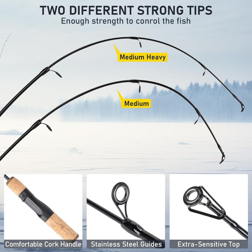 Ice Fishing Rod and Reel Combo, 28'' Ice Fishing Rod Set Inline Reels Lures Set Ice Cleat Portable Complete Kit with Carrier Bag/Folding Stool and Fishing Line Ice Fishing Gear