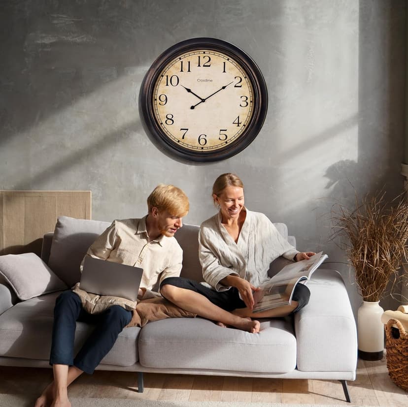 Crosstime 24 Inch Wall Clock Battery Operated Silent Round Vintage Large Wall Clocks for Living Room Farmhouse Decor, Black-Brown